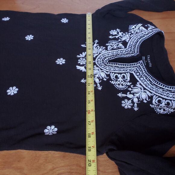 Talbots Embroidered Cotton Tunic Sz M Black 3/4 Sleeve Split Neck Boho Floral - Picture 7 of 8